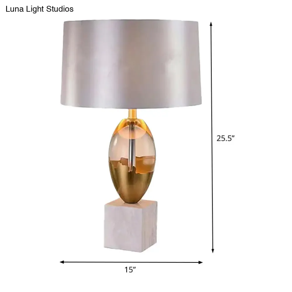 Modern Grey Fabric Drum Desk Light with White Marble Base - 1 Head Night Table Lamp
